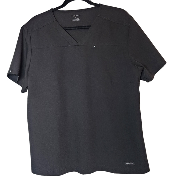 Jaanuu black scrub top. 1 zip chest pocket.  Short sleeve v-neck. Women's size L - Picture 1 of 14
